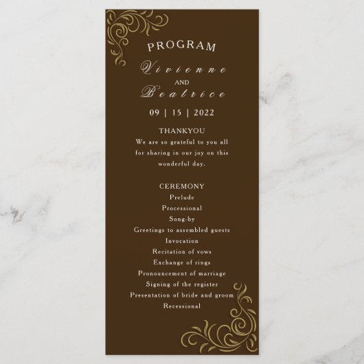 Huwelijksprogramma elegante rustieke gouden rol programmakaart (Voorkant)