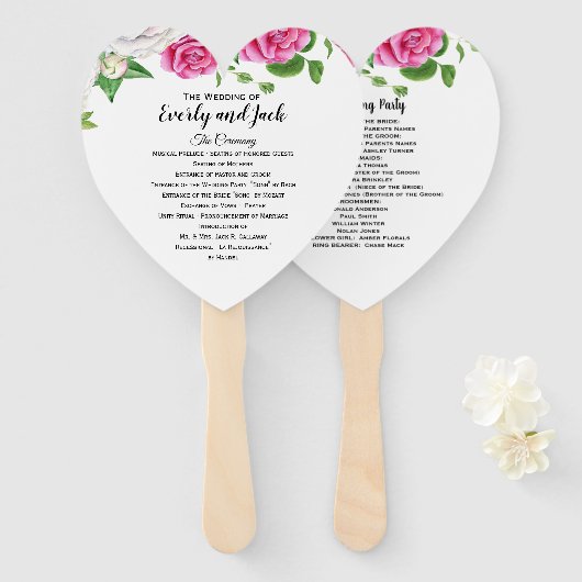 Huwelijksprogramma Fan Bloemen Roze Rozen Handwaaier (Voorkant en achterkant)