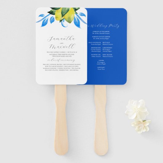 Huwelijksprogramma Fan Botanische Citroenbladeren Handwaaier (Voorkant en achterkant)