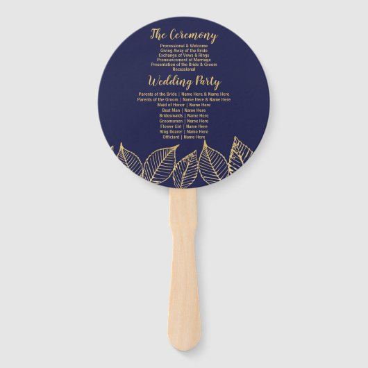 Huwelijksprogramma Fan Navy Gold Wedding Leaf Handwaaier (Achterkant)