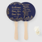 Huwelijksprogramma Fan Navy Gold Wedding Leaf Handwaaier (Voorkant en achterkant)