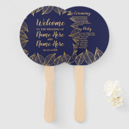 Huwelijksprogramma Fan Navy Gold Wedding Leaf Handwaaier