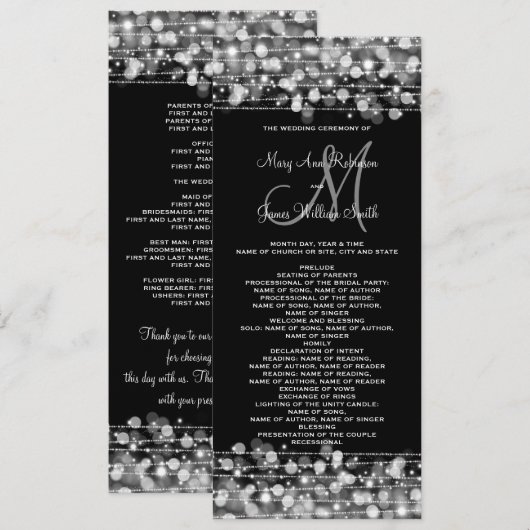 Huwelijksprogramma Feest vonken Zilver Kaart (Voorkant / Achterkant)