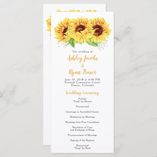Huwelijksprogramma Geel Zonnebloem Waterverf Bloem Programmakaart (Voorkant / Achterkant)