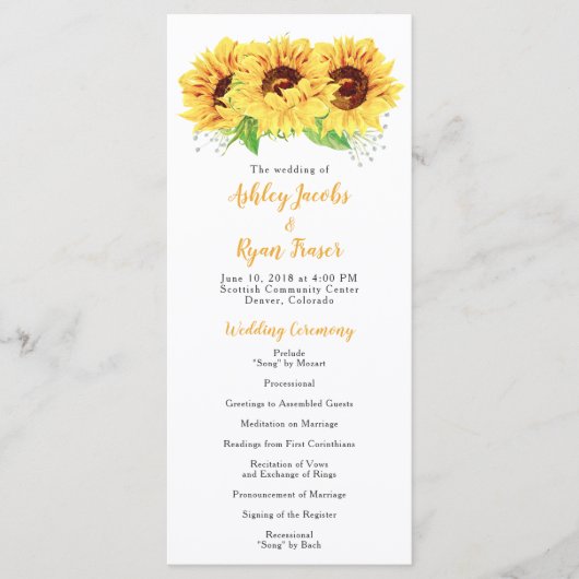 Huwelijksprogramma Geel Zonnebloem Waterverf Bloem Programmakaart (Voorkant)