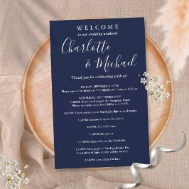 Huwelijksprogramma in Navy Blue Script voor gasten