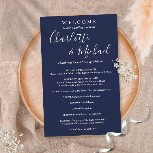 Huwelijksprogramma in Navy Blue Script voor gasten