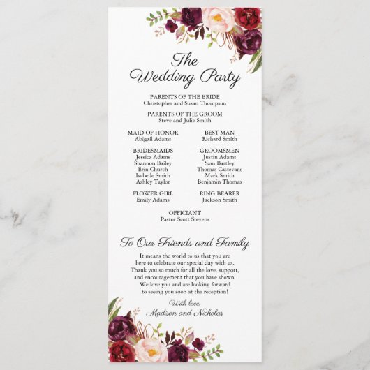 Huwelijksprogramma Kaarten met Marsala & Pink Flow (Achterkant)