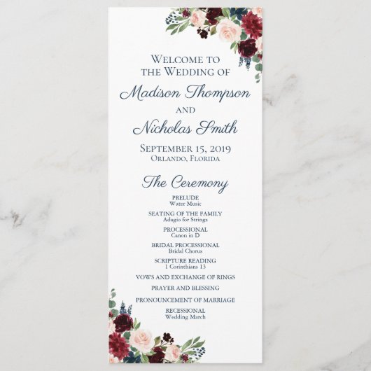 Huwelijksprogramma Kaarten met Navy Marsala Flower (Voorkant)