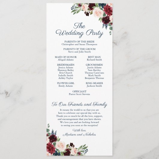 Huwelijksprogramma Kaarten met Navy Marsala Flower (Achterkant)