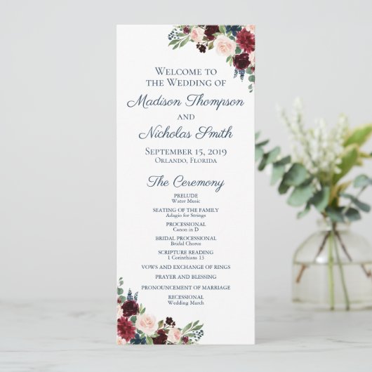 Huwelijksprogramma Kaarten met Navy Marsala Flower (Staand voorkant)