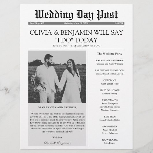 Huwelijksprogramma Krant Tijdlijn Flyer (Voorkant)