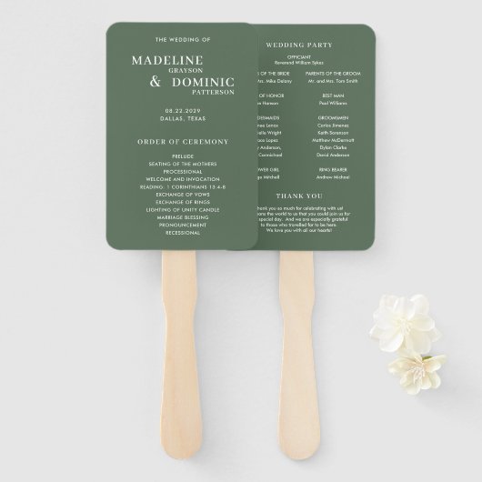 Huwelijksprogramma Madeline Forest Green Modern Handwaaier (Voorkant en achterkant)