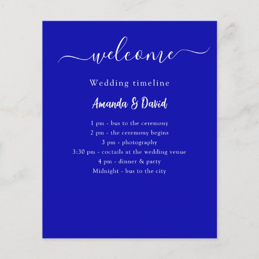 Huwelijksprogramma Menu koninklijk blauw wit budge (Voorkant)