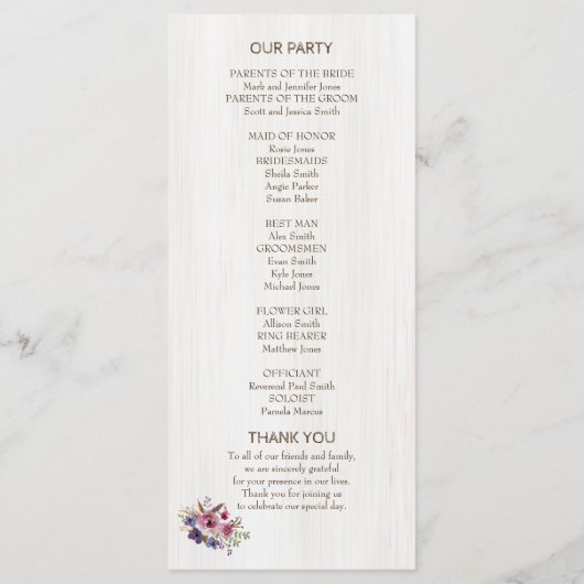 Huwelijksprogramma met boomstronk en bloemen programmakaart (Achterkant)