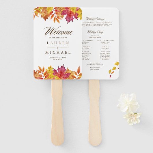 Huwelijksprogramma met vallende bladeren en krans handwaaier (Voorkant en achterkant)
