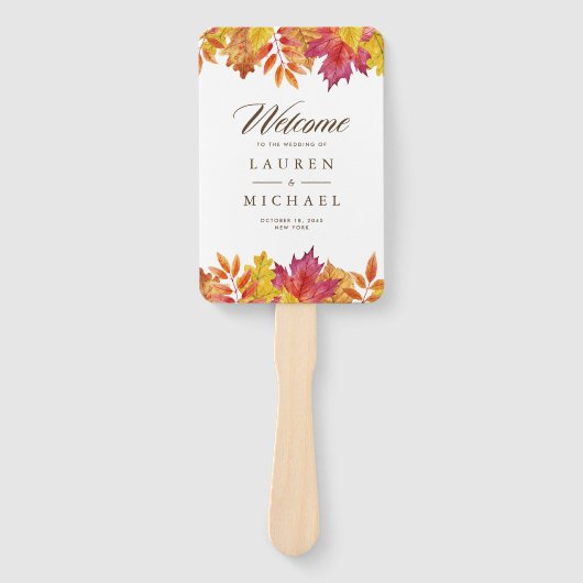 Huwelijksprogramma met vallende bladeren en krans handwaaier (Voorkant)