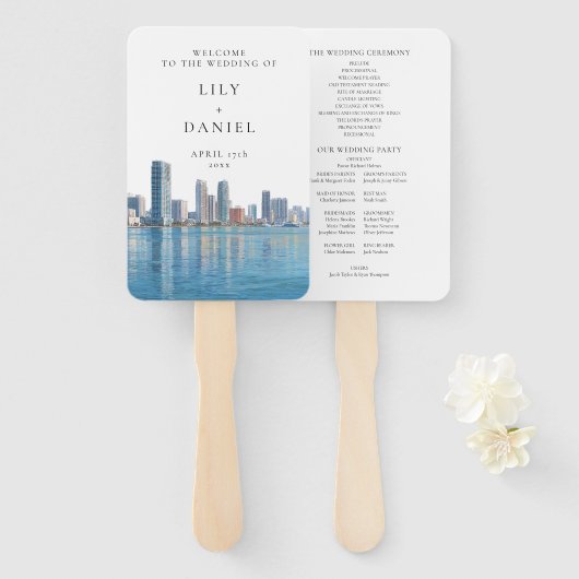 Huwelijksprogramma met waterverf Miami skyline Handwaaier (Voorkant en achterkant)