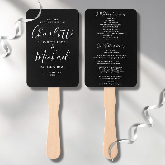 Huwelijksprogramma met zwart-wit script handwaaier