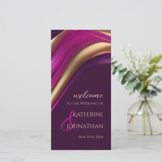 Huwelijksprogramma-Modern Paarse Fuchsia en Gold- (Staand voorkant)