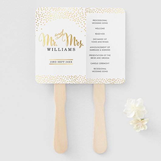 HUWELIJKSPROGRAMMA Mr. FAN en Mrs chic gouden conf Handwaaier (Voorkant en achterkant)