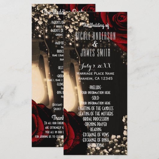 Huwelijksprogramma 'Rustic Glow Lantern & Red Rose Programmakaart (Voorkant / Achterkant)