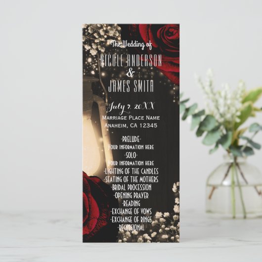 Huwelijksprogramma 'Rustic Glow Lantern & Red Rose Programmakaart (Staand voorkant)