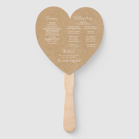Huwelijksprogramma 'Rustic Kraft Script' met Hart Handwaaier (Achterkant)