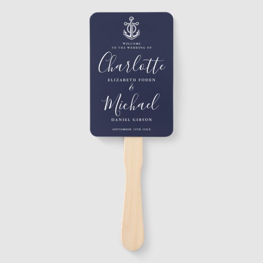 Huwelijksprogramma Script Navy Blue Anker Nautisch Handwaaier (Voorkant)