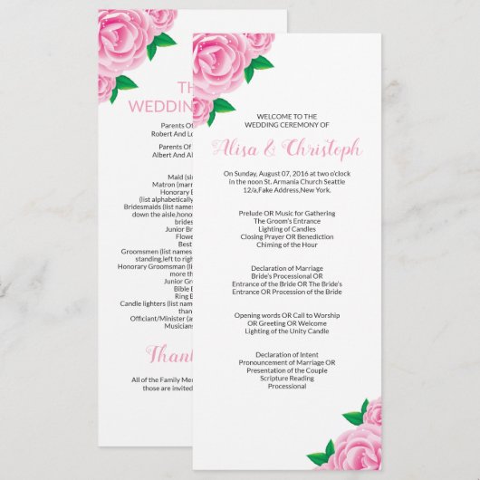 Huwelijksprogramma-sjablonen voor ceremonie programmakaart (Voorkant / Achterkant)