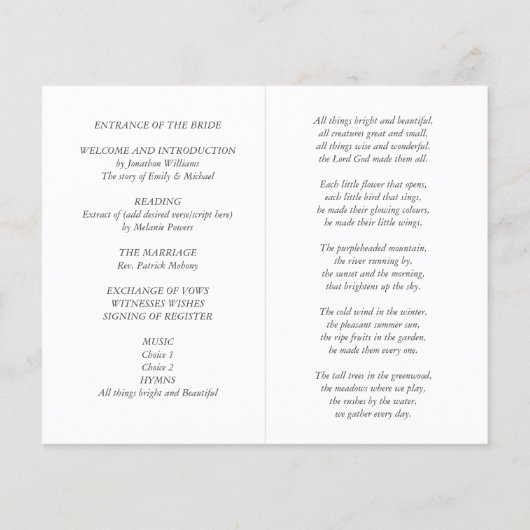 Huwelijksprogramma Sjabloon (Achterkant)