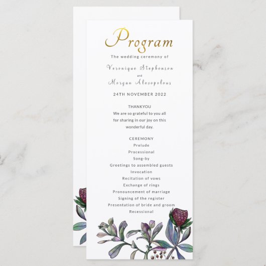 Huwelijksprogramma tropisch blad gouden script flo programmakaart (Voorkant / Achterkant)