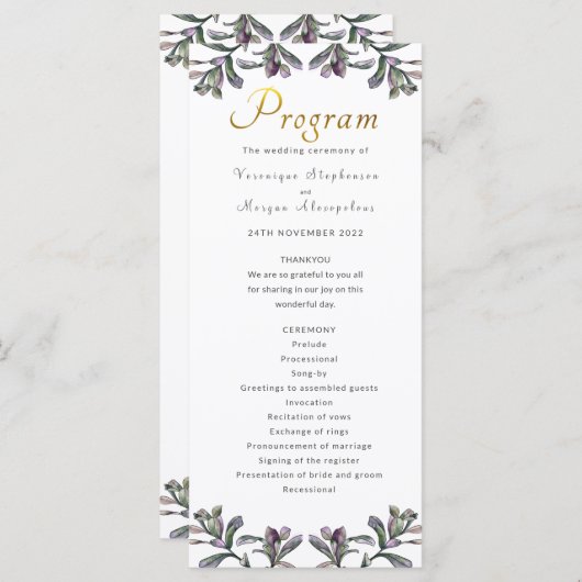 Huwelijksprogramma tropisch gebladerte gouden scri programmakaart (Voorkant / Achterkant)