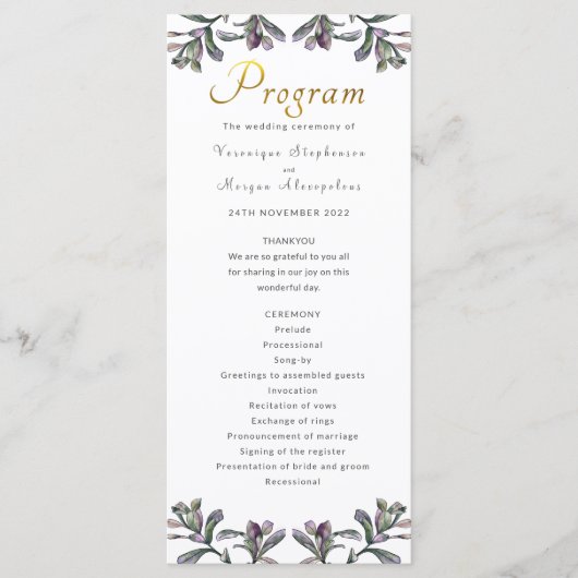 Huwelijksprogramma tropisch gebladerte gouden scri programmakaart (Voorkant)