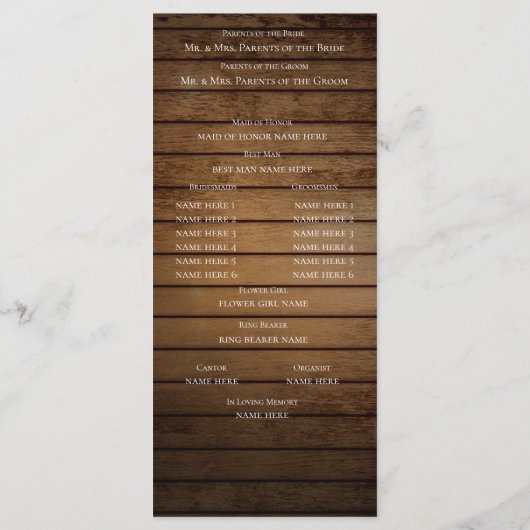 Huwelijksprogramma voor Barn Wood Programmakaart (Achterkant)