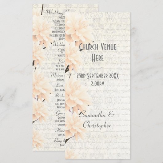 huwelijksprogramma voor de pastelpappach - floral programmakaart (Voorkant / Achterkant)