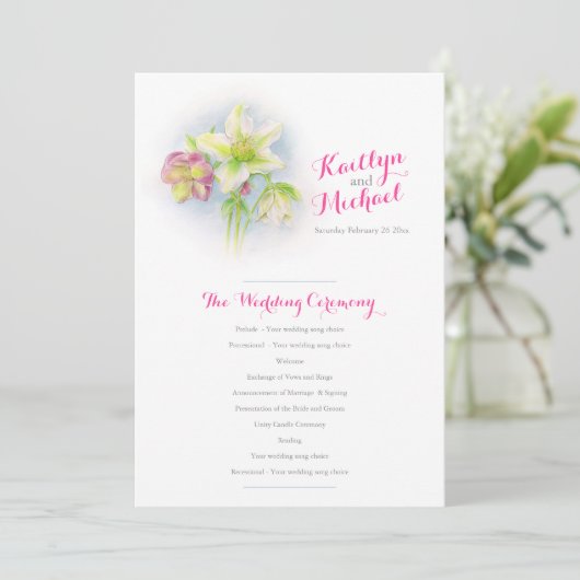 huwelijksprogramma waterverf lente hellebores programmakaart (Staand voorkant)