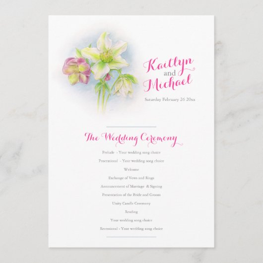 huwelijksprogramma waterverf lente hellebores programmakaart (Voorkant)
