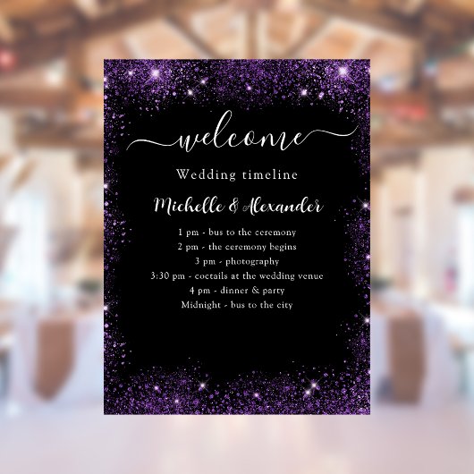 Huwelijksprogramma zwart paarse welkom poster