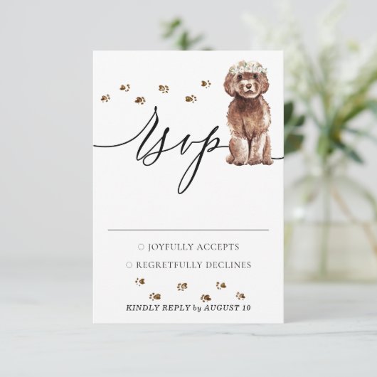 Huwelijksreactie Bruine Cavapoo Hond RSVP Kaartje (Staand voorkant)