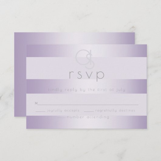 Huwelijksreactie |  Lilac Shimmer Strepen Monogram RSVP Kaartje (Voorkant / Achterkant)