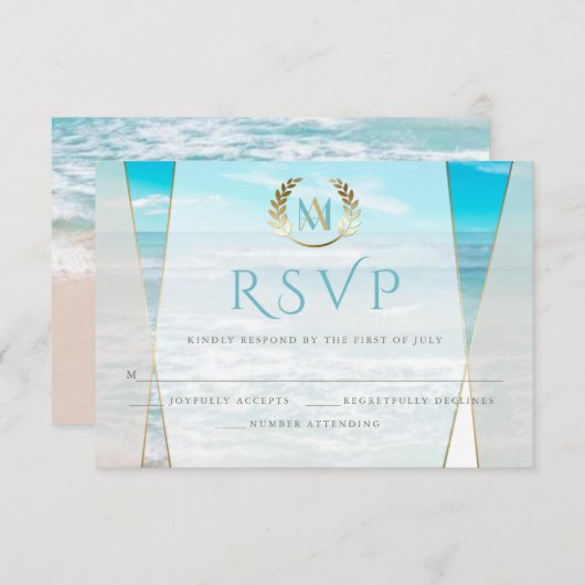 Huwelijksreactie |  Moderne monogram strandhuwelij RSVP Kaartje (Voorkant / Achterkant)