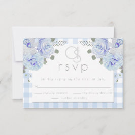 Huwelijksreactie |  Monogram Blauw Gingham Bloemen RSVP Kaartje