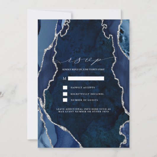 Huwelijksreactie Navy Marble & Zilveren Agate Kaart (Voorkant)