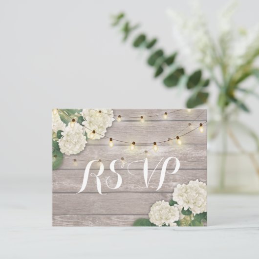 Huwelijksreactie Roestig Hout Hortensia Slingersla Uitnodiging Briefkaart (Staand voorkant)