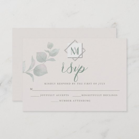 Huwelijksreactie |  Silver Sage Eucalyptus RSVP Kaartje (Voorkant / Achterkant)