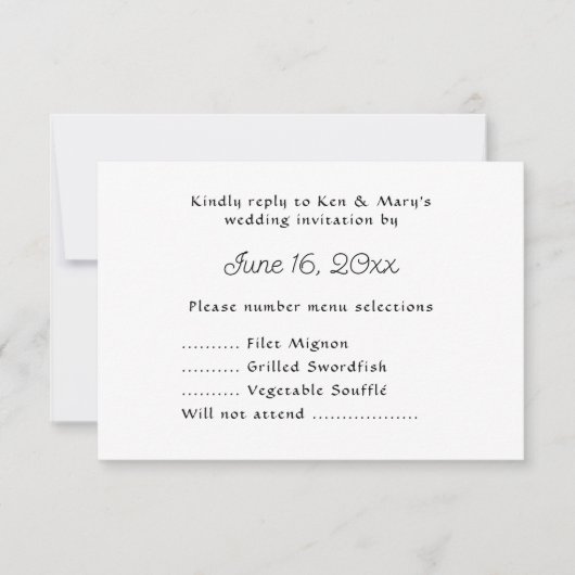 Huwelijksreactie Tekstreactie Met Menuoptie RSVP Kaartje (Voorkant)