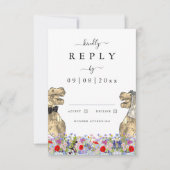 Huwelijksreactie van de dinosaurus-wildbloem RSVP kaartje (Voorkant)