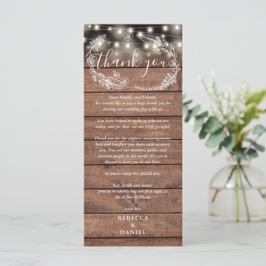 Huwelijksreceptie Dank u rustieke plaats kaart (Staand voorkant)