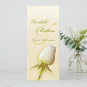 Huwelijksreceptie dinermenu met witte roos knop kaart (Staand voorkant)